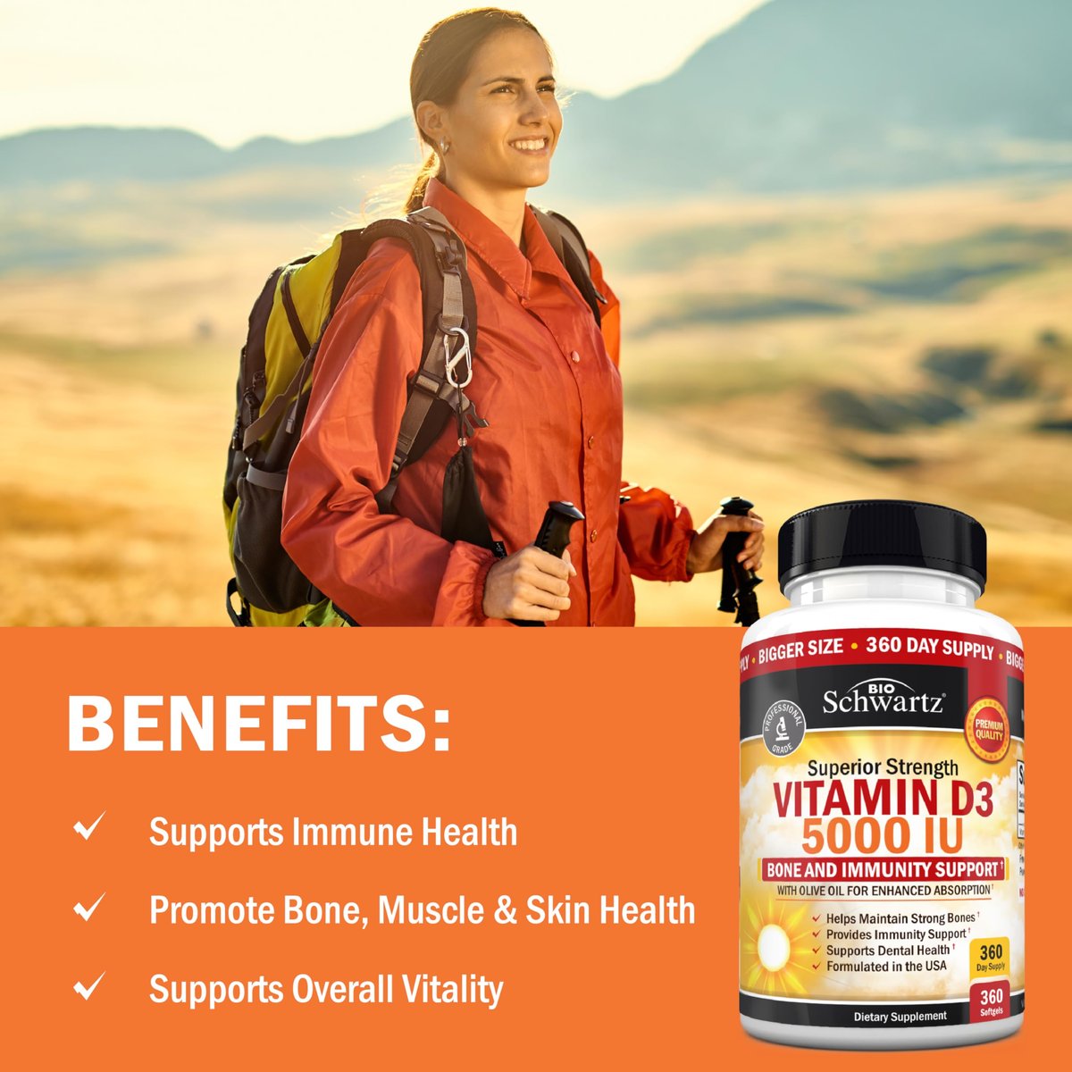 Vitamin D3 5000 IE (125 mcg) – Natürliches Immunsystem, Knochenstärke & Muskelgesundheit – mit Olivenöl für höchste Aufnahme – Glutenfrei & Nicht-GVO – 360 Kapseln (1 Jahresvorrat)