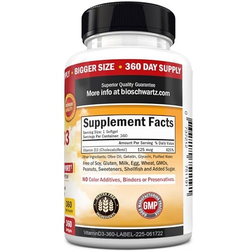 Vitamin D3 5000 IE (125 mcg) – Natürliches Immunsystem, Knochenstärke & Muskelgesundheit – mit Olivenöl für höchste Aufnahme – Glutenfrei & Nicht-GVO – 360 Kapseln (1 Jahresvorrat)