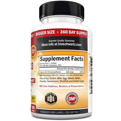 Vitamin D3 5000 IE (125 mcg) – Natürliches Immunsystem, Knochenstärke & Muskelgesundheit – mit Olivenöl für höchste Aufnahme – Glutenfrei & Nicht-GVO – 360 Kapseln (1 Jahresvorrat)