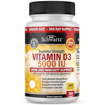 Vitamin D3 5000 IE (125 mcg) – Natürliches Immunsystem, Knochenstärke & Muskelgesundheit – mit Olivenöl für höchste Aufnahme – Glutenfrei & Nicht-GVO – 360 Kapseln (1 Jahresvorrat)
