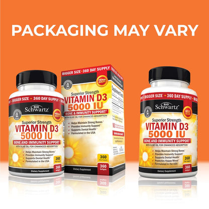 Vitamin D3 5000 IE (125 mcg) – Natürliches Immunsystem, Knochenstärke & Muskelgesundheit – mit Olivenöl für höchste Aufnahme – Glutenfrei & Nicht-GVO – 360 Kapseln (1 Jahresvorrat)