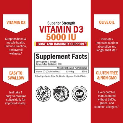Vitamin D3 5000 IE (125 mcg) – Natürliches Immunsystem, Knochenstärke & Muskelgesundheit – mit Olivenöl für höchste Aufnahme – Glutenfrei & Nicht-GVO – 360 Kapseln (1 Jahresvorrat)