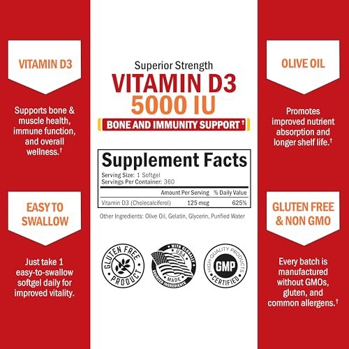 Vitamin D3 5000 IE (125 mcg) – Natürliches Immunsystem, Knochenstärke & Muskelgesundheit – mit Olivenöl für höchste Aufnahme – Glutenfrei & Nicht-GVO – 360 Kapseln (1 Jahresvorrat)