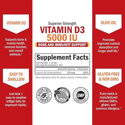 Vitamin D3 5000 IE (125 mcg) – Natürliches Immunsystem, Knochenstärke & Muskelgesundheit – mit Olivenöl für höchste Aufnahme – Glutenfrei & Nicht-GVO – 360 Kapseln (1 Jahresvorrat)