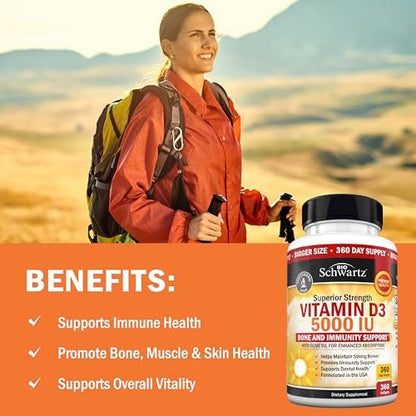 Vitamin D3 5000 IE (125 mcg) – Natürliches Immunsystem, Knochenstärke & Muskelgesundheit – mit Olivenöl für höchste Aufnahme – Glutenfrei & Nicht-GVO – 360 Kapseln (1 Jahresvorrat)