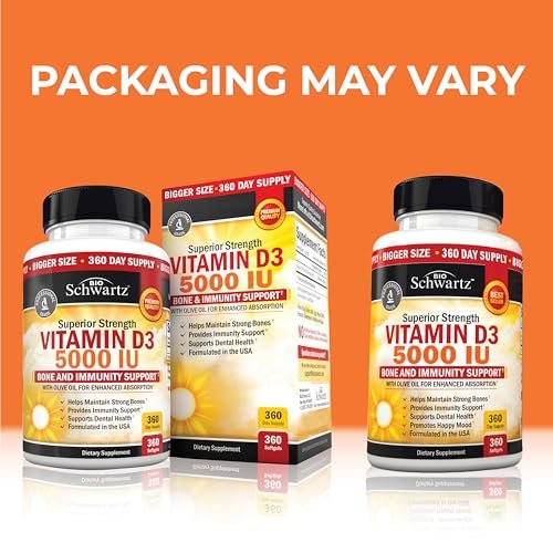 Vitamin D3 5000 IE (125 mcg) – Natürliches Immunsystem, Knochenstärke & Muskelgesundheit – mit Olivenöl für höchste Aufnahme – Glutenfrei & Nicht-GVO – 360 Kapseln (1 Jahresvorrat)
