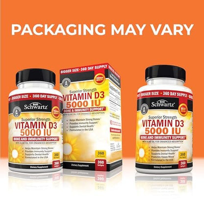 Vitamin D3 5000 IE (125 mcg) – Natürliches Immunsystem, Knochenstärke & Muskelgesundheit – mit Olivenöl für höchste Aufnahme – Glutenfrei & Nicht-GVO – 360 Kapseln (1 Jahresvorrat)