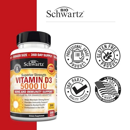 Vitamin D3 5000 IE (125 mcg) – Natürliches Immunsystem, Knochenstärke & Muskelgesundheit – mit Olivenöl für höchste Aufnahme – Glutenfrei & Nicht-GVO – 360 Kapseln (1 Jahresvorrat)