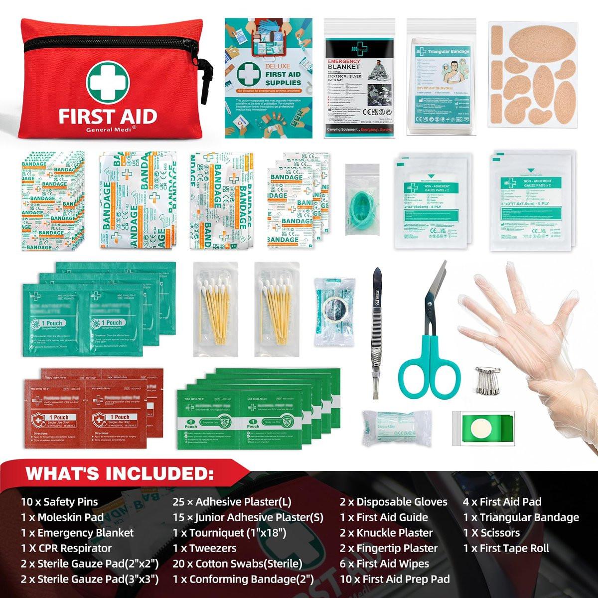 General Medi Mini Erste-Hilfe-Set, 110-teiliges kleines Erste-Hilfe-Set – inkl. Rettungsdecke, Schere für Reise, Zuhause, Büro, Fahrzeug, Camping, Arbeitsplatz & Outdoor (Rot)