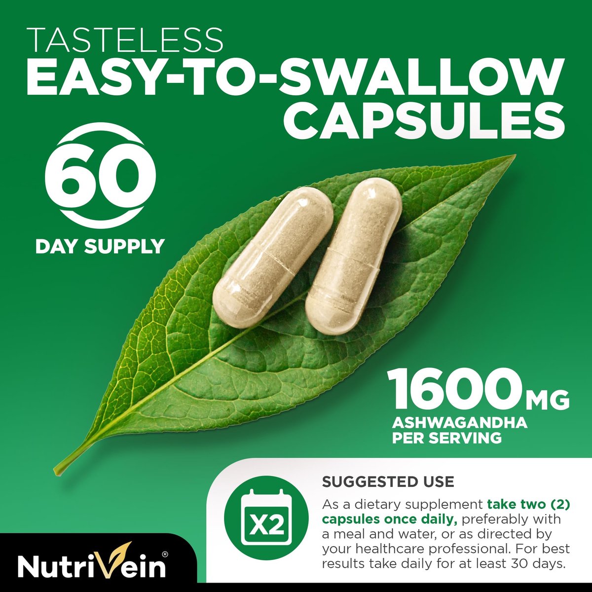 Nutrivein Ashwagandha für Männer & Frauen - 1600 mg - Mit Schwarzem Pfeffer - Hochabsorbierendes Wurzelpulver - Für Stimmungsbalance, Erholsamen Schlaf & Konzentration - 120 Vegane Kapseln