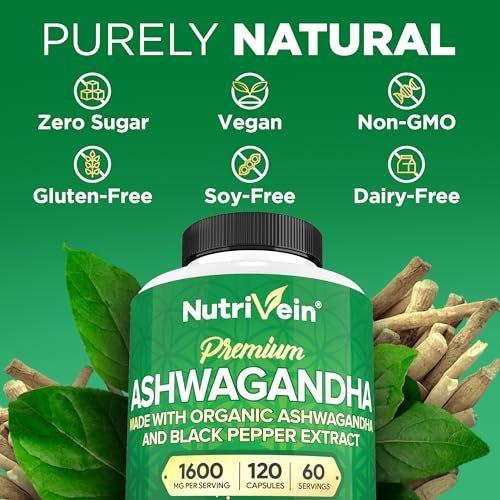 Nutrivein Ashwagandha für Männer & Frauen - 1600 mg - Mit Schwarzem Pfeffer - Hochabsorbierendes Wurzelpulver - Für Stimmungsbalance, Erholsamen Schlaf & Konzentration - 120 Vegane Kapseln