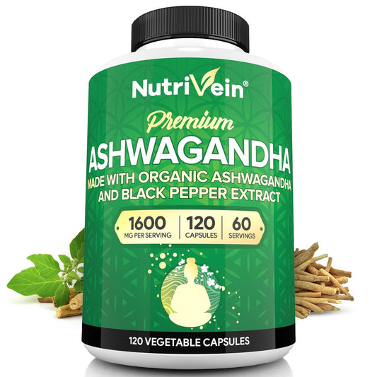 Nutrivein Ashwagandha für Männer & Frauen - 1600 mg - Mit Schwarzem Pfeffer - Hochabsorbierendes Wurzelpulver - Für Stimmungsbalance, Erholsamen Schlaf & Konzentration - 120 Vegane Kapseln