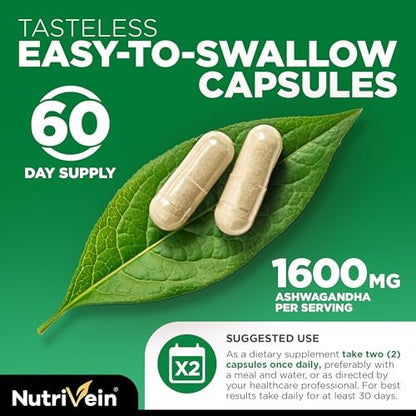 Nutrivein Ashwagandha für Männer & Frauen - 1600 mg - Mit Schwarzem Pfeffer - Hochabsorbierendes Wurzelpulver - Für Stimmungsbalance, Erholsamen Schlaf & Konzentration - 120 Vegane Kapseln