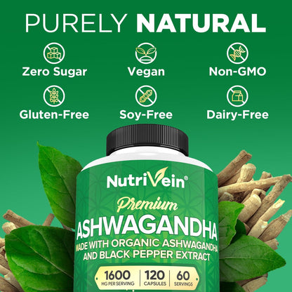 Nutrivein Ashwagandha für Männer & Frauen - 1600 mg - Mit Schwarzem Pfeffer - Hochabsorbierendes Wurzelpulver - Für Stimmungsbalance, Erholsamen Schlaf & Konzentration - 120 Vegane Kapseln