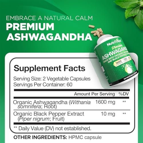 Nutrivein Ashwagandha für Männer & Frauen - 1600 mg - Mit Schwarzem Pfeffer - Hochabsorbierendes Wurzelpulver - Für Stimmungsbalance, Erholsamen Schlaf & Konzentration - 120 Vegane Kapseln