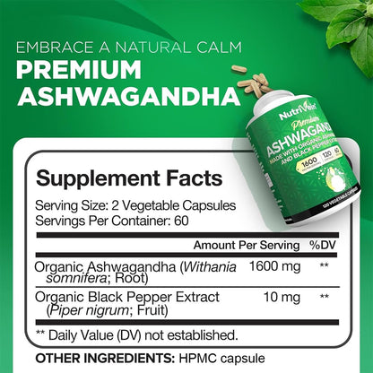Nutrivein Ashwagandha für Männer & Frauen - 1600 mg - Mit Schwarzem Pfeffer - Hochabsorbierendes Wurzelpulver - Für Stimmungsbalance, Erholsamen Schlaf & Konzentration - 120 Vegane Kapseln