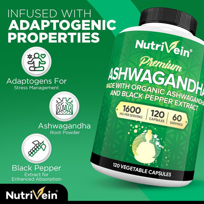 Nutrivein Ashwagandha für Männer & Frauen - 1600 mg - Mit Schwarzem Pfeffer - Hochabsorbierendes Wurzelpulver - Für Stimmungsbalance, Erholsamen Schlaf & Konzentration - 120 Vegane Kapseln
