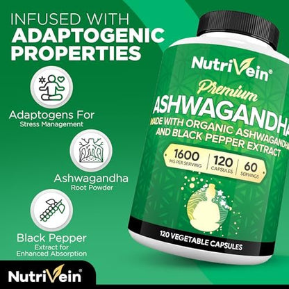Nutrivein Ashwagandha für Männer & Frauen - 1600 mg - Mit Schwarzem Pfeffer - Hochabsorbierendes Wurzelpulver - Für Stimmungsbalance, Erholsamen Schlaf & Konzentration - 120 Vegane Kapseln