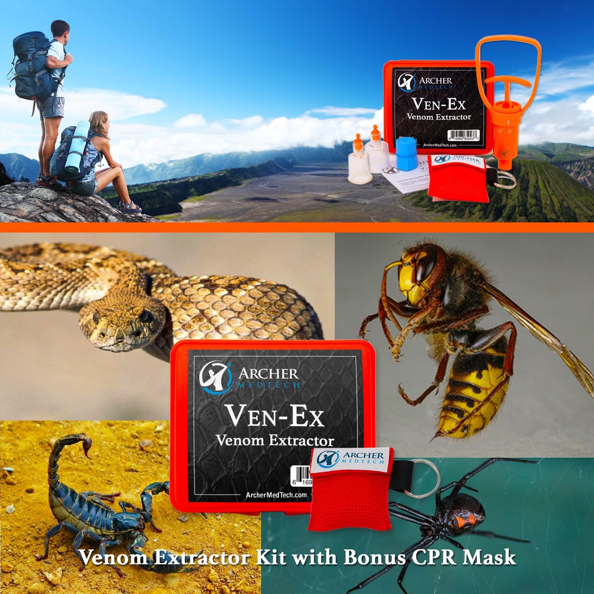 Archer MedTech Ven-Ex Schlangenbiss-Set & Bienenstich-Set – Tragbarer Giftabsauger für Menschen und Hunde mit Tourniquet, Bonus CPR-Gesichtsschutz, Outdoor-Erste-Hilfe für Wandern, Camping & Rucksackreisen