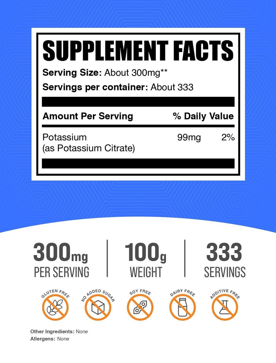 BulkSupplements.com Kaliumcitrat Pulver – Kaliumergänzung, Elektrolyt – Rein, Glutenfrei – 310 mg pro Portion, Mehrere Portionen (100 Gramm – 3,5 oz)
