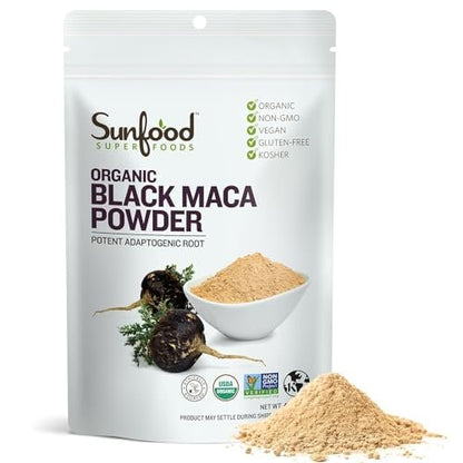 Sunfoods Superfoods Bio Schwarze Maca Pulver – Schwarze Maca Wurzelpulver für Männer & Frauen, Peruanisch, Roh, Vegan, Premium Schwarze Maca – 113 g Beutel