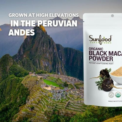 Sunfoods Superfoods Bio Schwarze Maca Pulver – Schwarze Maca Wurzelpulver für Männer & Frauen, Peruanisch, Roh, Vegan, Premium Schwarze Maca – 113 g Beutel