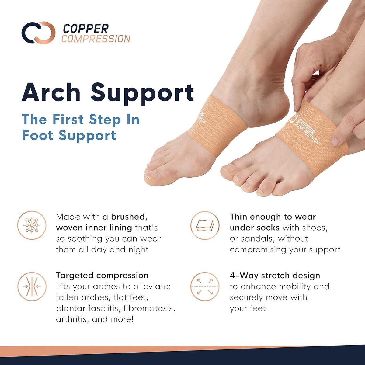 Kupfer-Kompressions-Fußgewölbestützen – Gezielte Kompression bei Plantarfasziitis, Schmerzen, Plattfüßen und hohen Fußgewölben – Atmungsaktive Unterstützung für Damen und Herren – Nude