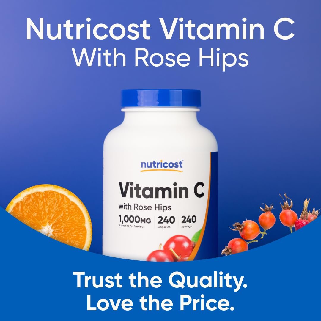 Nutricost Vitamin C mit Hagebutte 1025mg, 240 Kapseln - Vitamin C 1000mg, Hagebutte 25mg, Premium, Non-GMO, Glutenfrei
