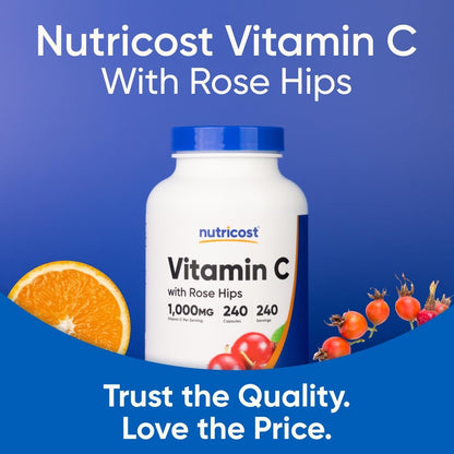Nutricost Vitamin C mit Hagebutte 1025mg, 240 Kapseln - Vitamin C 1000mg, Hagebutte 25mg, Premium, Non-GMO, Glutenfrei