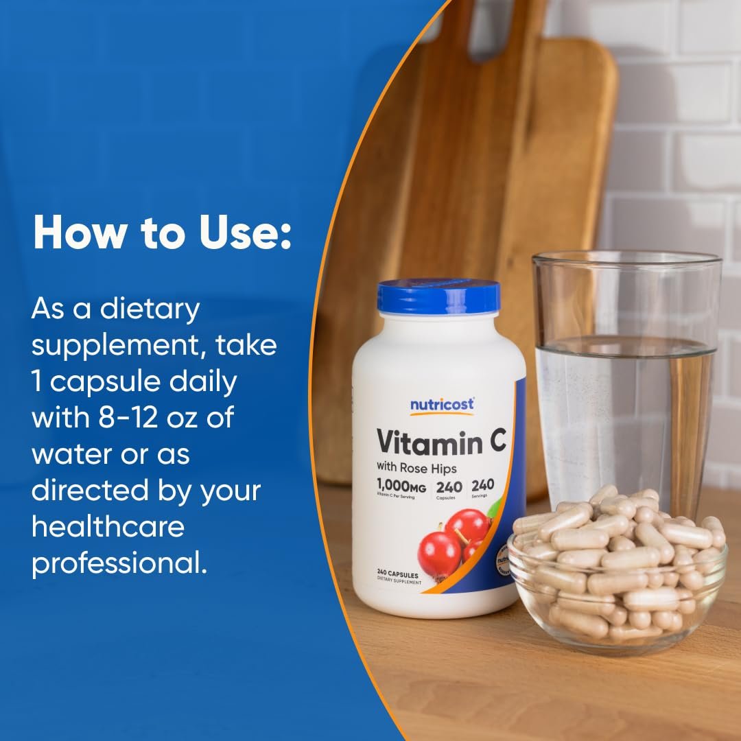 Nutricost Vitamin C mit Hagebutte 1025mg, 240 Kapseln - Vitamin C 1000mg, Hagebutte 25mg, Premium, Non-GMO, Glutenfrei