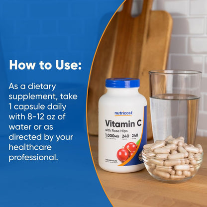 Nutricost Vitamin C mit Hagebutte 1025mg, 240 Kapseln - Vitamin C 1000mg, Hagebutte 25mg, Premium, Non-GMO, Glutenfrei