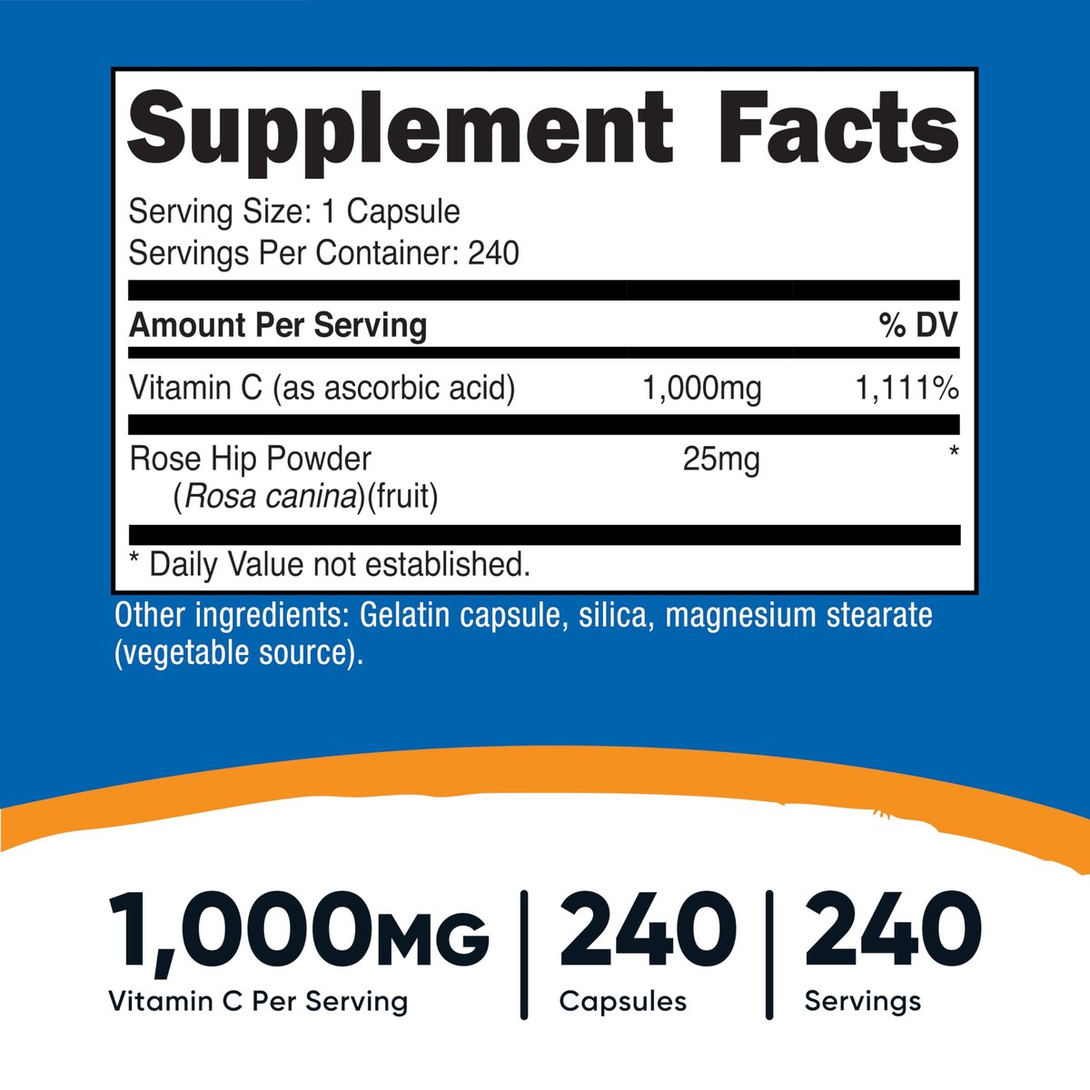 Nutricost Vitamin C mit Hagebutte 1025mg, 240 Kapseln - Vitamin C 1000mg, Hagebutte 25mg, Premium, Non-GMO, Glutenfrei