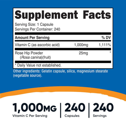 Nutricost Vitamin C mit Hagebutte 1025mg, 240 Kapseln - Vitamin C 1000mg, Hagebutte 25mg, Premium, Non-GMO, Glutenfrei