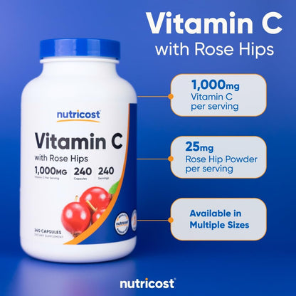 Nutricost Vitamin C mit Hagebutte 1025mg, 240 Kapseln - Vitamin C 1000mg, Hagebutte 25mg, Premium, Non-GMO, Glutenfrei