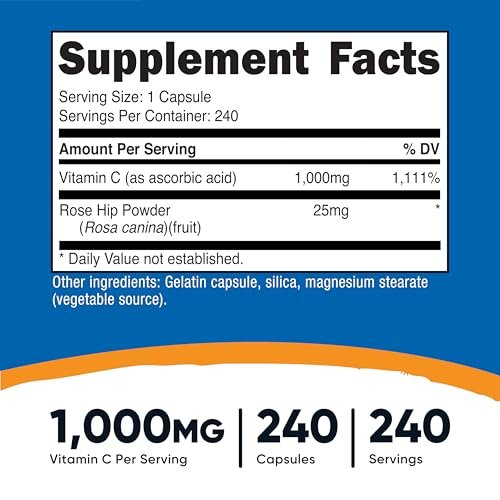 Nutricost Vitamin C mit Hagebutte 1025mg, 240 Kapseln - Vitamin C 1000mg, Hagebutte 25mg, Premium, Non-GMO, Glutenfrei