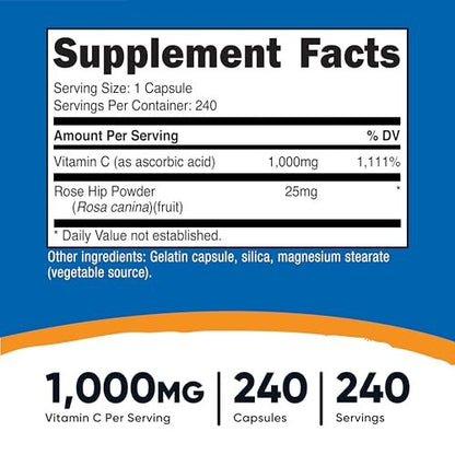 Nutricost Vitamin C mit Hagebutte 1025mg, 240 Kapseln - Vitamin C 1000mg, Hagebutte 25mg, Premium, Non-GMO, Glutenfrei