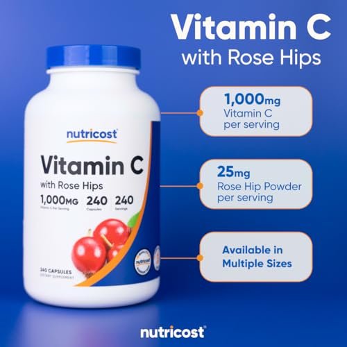 Nutricost Vitamin C mit Hagebutte 1025mg, 240 Kapseln - Vitamin C 1000mg, Hagebutte 25mg, Premium, Non-GMO, Glutenfrei