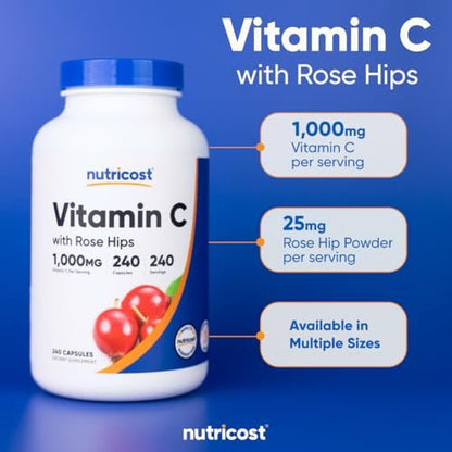 Nutricost Vitamin C mit Hagebutte 1025mg, 240 Kapseln - Vitamin C 1000mg, Hagebutte 25mg, Premium, Non-GMO, Glutenfrei