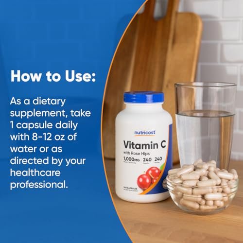 Nutricost Vitamin C mit Hagebutte 1025mg, 240 Kapseln - Vitamin C 1000mg, Hagebutte 25mg, Premium, Non-GMO, Glutenfrei