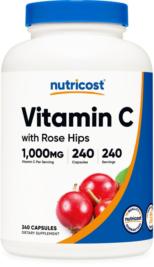 Nutricost Vitamin C mit Hagebutte 1025mg, 240 Kapseln - Vitamin C 1000mg, Hagebutte 25mg, Premium, Non-GMO, Glutenfrei