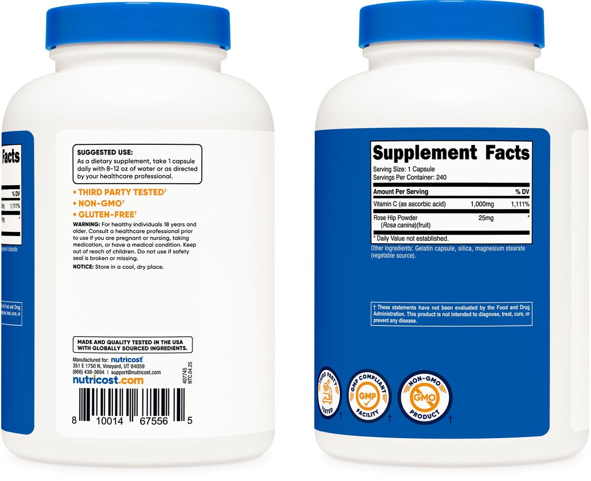 Nutricost Vitamin C mit Hagebutte 1025mg, 240 Kapseln - Vitamin C 1000mg, Hagebutte 25mg, Premium, Non-GMO, Glutenfrei