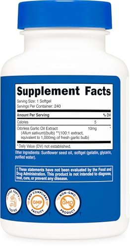Nutricost Knoblauch 1000mg, 240 Weichkapseln – Geruchslos, Premium Glutenfreies Nahrungsergänzungsmittel
