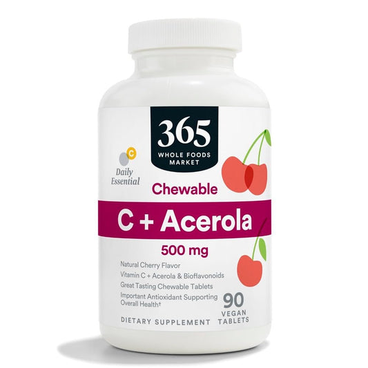 365 by Whole Foods Market, Kaubare Vitamin C + Acerola 500 mg, Natürlicher Kirschgeschmack, Vegan, 90 Tabletten