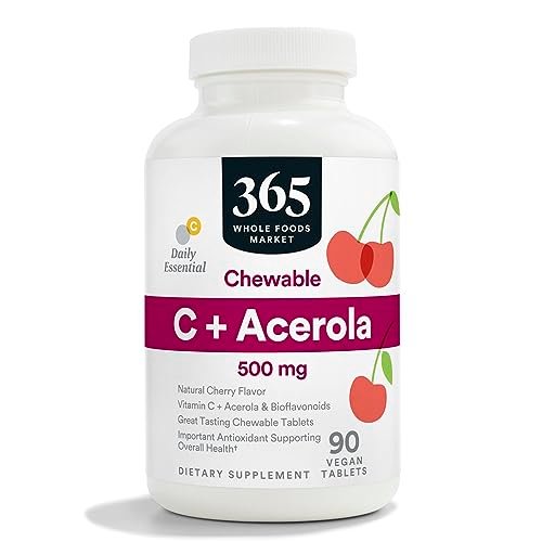 365 by Whole Foods Market, Kaubare Vitamin C + Acerola 500 mg, Natürlicher Kirschgeschmack, Vegan, 90 Tabletten