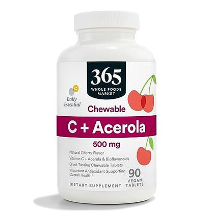 365 by Whole Foods Market, Kaubare Vitamin C + Acerola 500 mg, Natürlicher Kirschgeschmack, Vegan, 90 Tabletten
