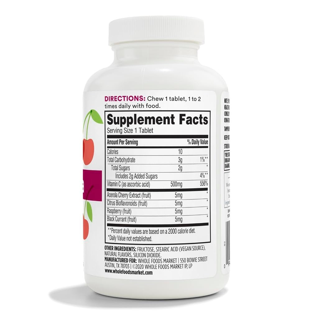 365 by Whole Foods Market, Kaubare Vitamin C + Acerola 500 mg, Natürlicher Kirschgeschmack, Vegan, 90 Tabletten