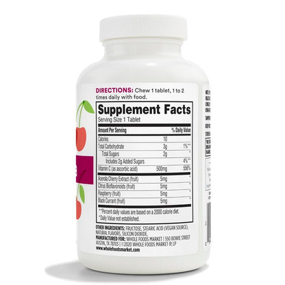 365 by Whole Foods Market, Kaubare Vitamin C + Acerola 500 mg, Natürlicher Kirschgeschmack, Vegan, 90 Tabletten