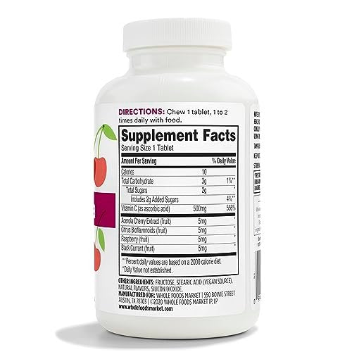 365 by Whole Foods Market, Kaubare Vitamin C + Acerola 500 mg, Natürlicher Kirschgeschmack, Vegan, 90 Tabletten