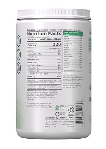 Garden of Life Grass Fed Molkenproteinpulver Vanille – 21g Protein für Frauen & Männer + Probiotika – 12 Portionen – Glutenfrei, Nicht-GVO, Koscher, Human, RBST & rBGH Hormonfrei