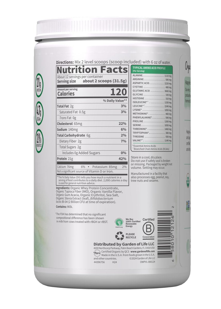 Garden of Life Grass Fed Molkenproteinpulver Vanille – 21g Protein für Frauen & Männer + Probiotika – 12 Portionen – Glutenfrei, Nicht-GVO, Koscher, Human, RBST & rBGH Hormonfrei